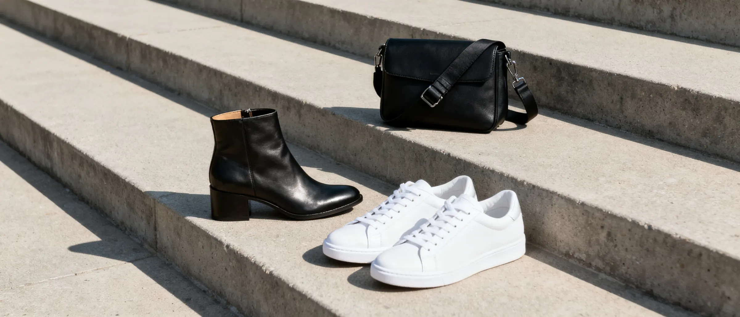 Leather-look boots and a crossbody bag on concrete steps in morning light