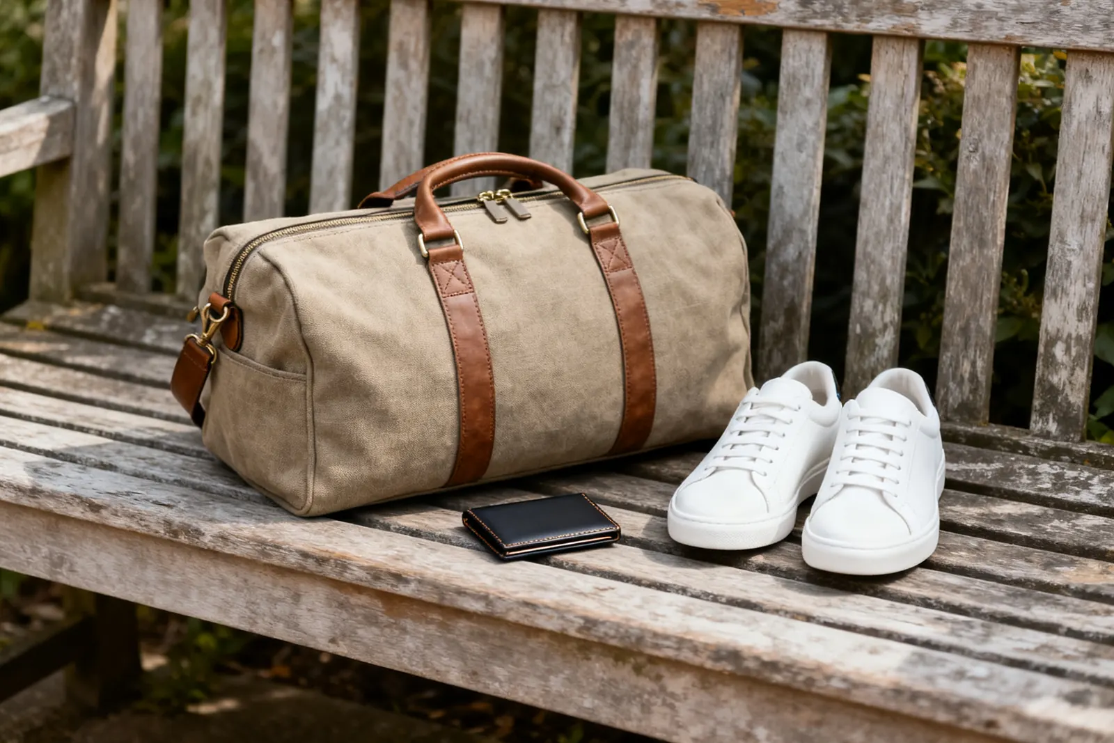 A travel bag, sneakers and a wallet laid out on a wooden bench
